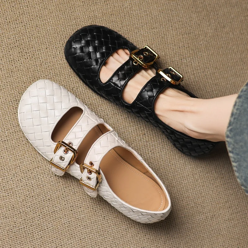 

Новые женские туфли 2025 года, плетеная пряжка из коровьего ремня с круглой головкой, высокая высота, низкий каблук, плоская подошва, туфли большого размера с неглубоким горлышком