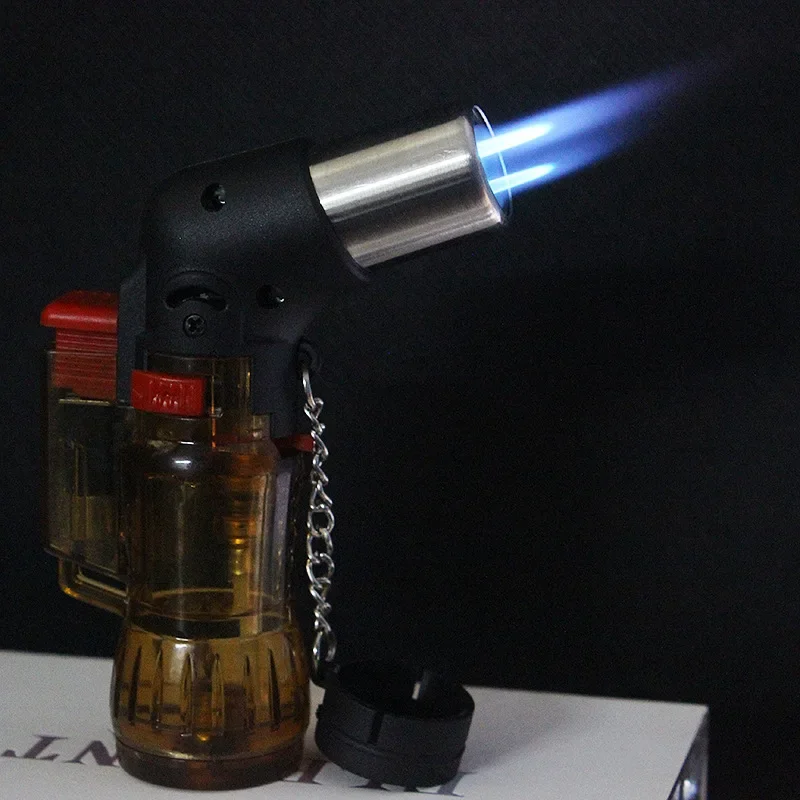 Mini Portable Transparent Oil Tank Flamethrower Windproof Butane Gas Jet Flame Torch Lighter Outdoor Camping BBQ Cigar Lighter