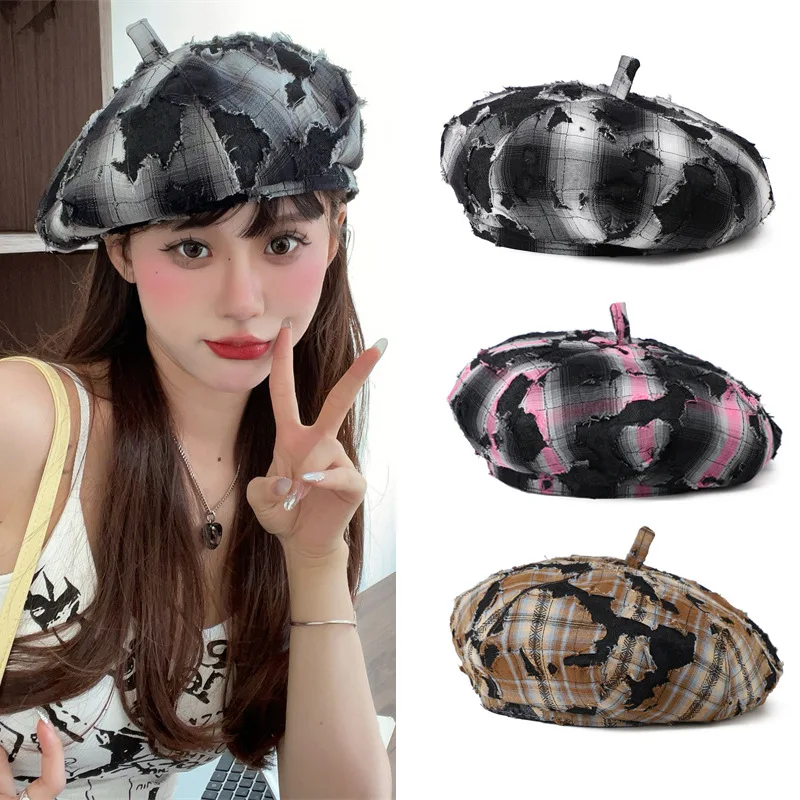 

Y2K потертый клетчатый берет для женщин, зимняя уличная кепка с принтом, большой размер головы, кепка художника, модные кепки, новинка 2026 года