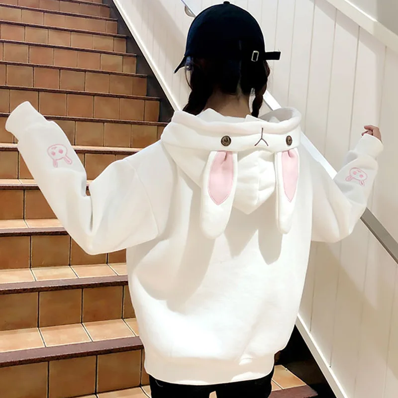 

2024 Spring Autumn Harajuku Loose Casual Hooded Pullovers Kawaii Rabbit Ears Hoodies Women Cute Embroidery Fleece Sweatshirts