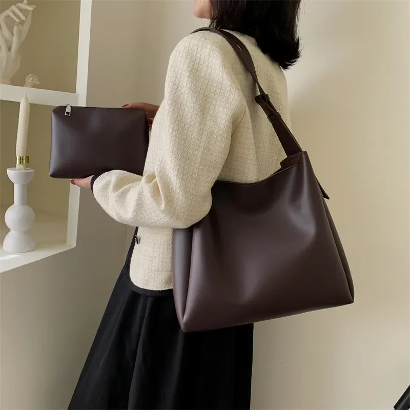 2 Pcs/Set Women Tote Bags Shopper Shoulder Bag Large Capacity Girl Commuter Underarm Pack with Strap Wallet Clutch Pu Leather