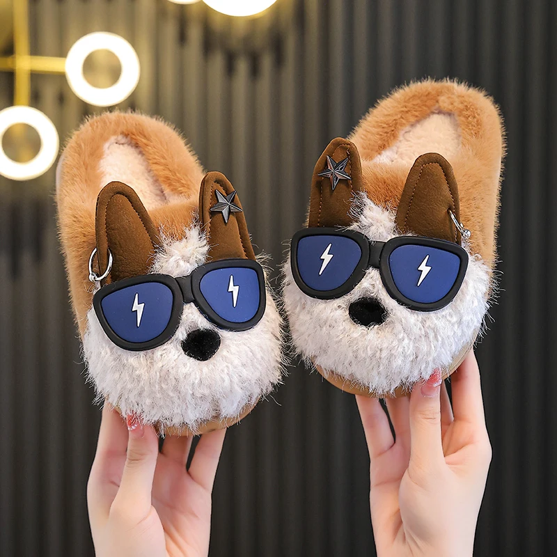 

Autumn and winter children's cotton slippers cute cartoon dog indoor warm boy anti-slip plus velvet boy fur slippers