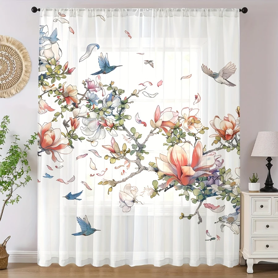 2PCS Digital Print Sheer Curtains, Flower Shadow Bird Pattern, Chinese Bird Flower Style for Living Room Bedroom Window Decor