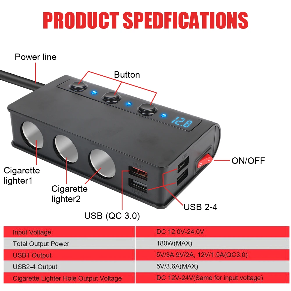 

For Phone IPad 180W 4 Port USB Charging Socket Cigarette Lighter Splitter Quick Charge 3.0 Car Charger Adapter 12V 24V