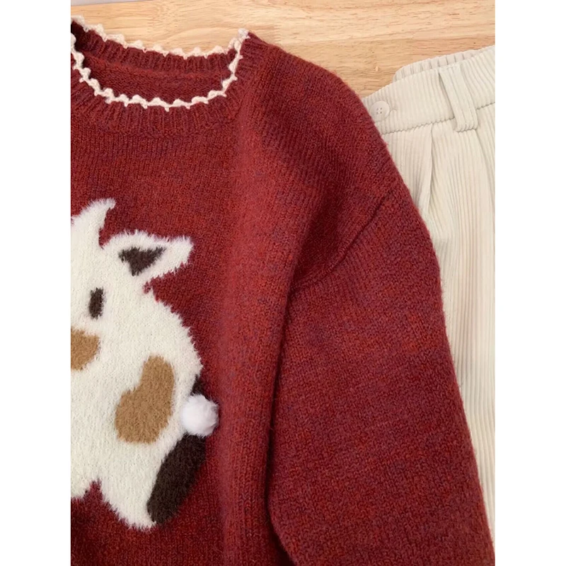 Vintage Sweet Rabbit Flocking Sweater Winter Loose Round Neck Long Sleeve Pullover Women Casual Fashion Sweater Streetwear Tops