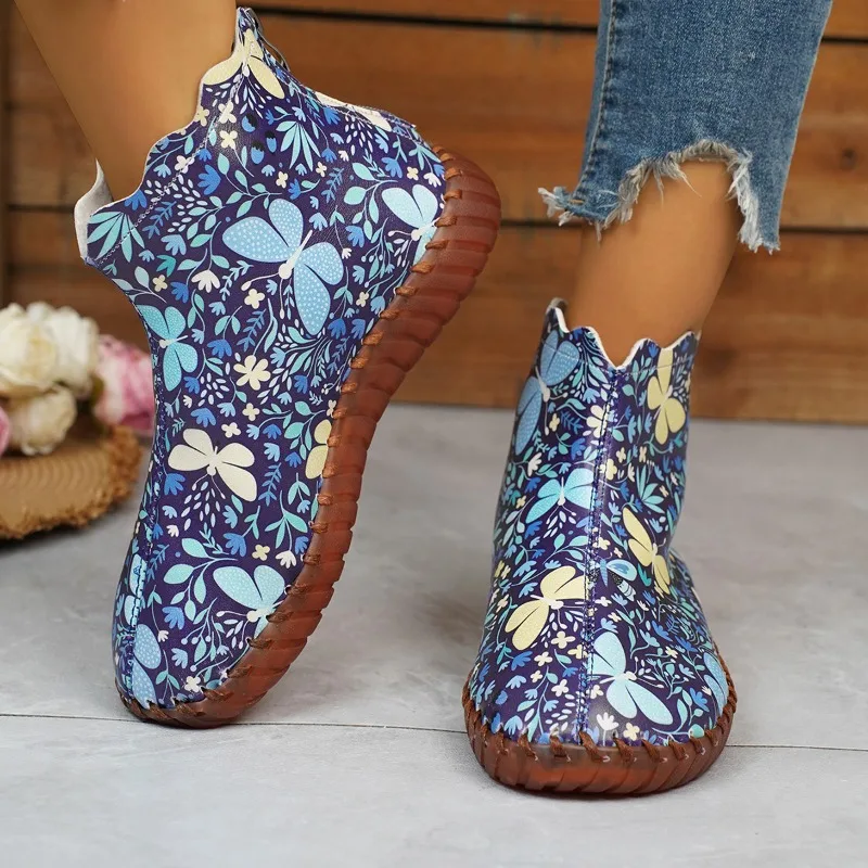 Hand-sewn Women Shoes 2023 New Ethnic Print Women\'s Boots Comfortable Round Toe Casual Flat Boots Fashion Zipper Platform Boots