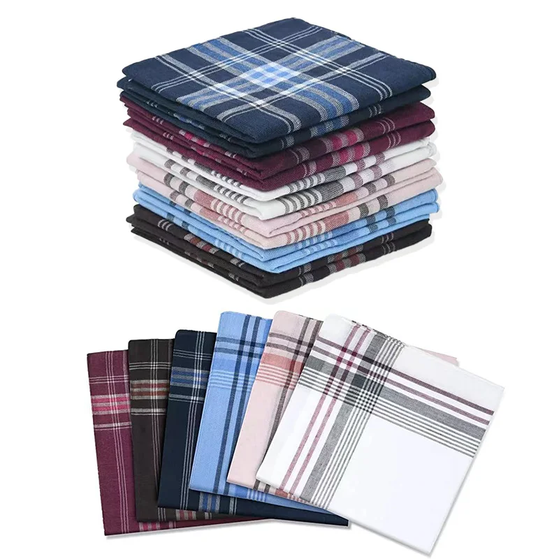 

New 12Pcs Classic Square Stripe Men Handkerchiefs Pocket Plaid Cotton Towel Wedding Party Business Handkerchiefs Towel Scarves