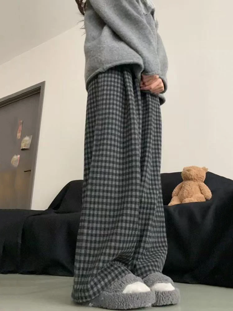 منقوشة واسعة الساق السراويل للنساء الشتاء سميكة الدافئة فضفاضة سراويل للجري الإناث عالية الخصر الشارع الشهير كل مباراة السراويل المستقيمة