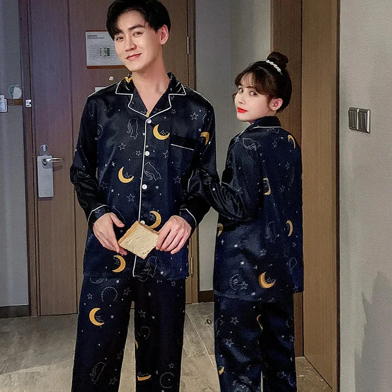 

qq34Женские пижамы из ледяного шелка с длинными рукавами для пар, тонкие новые подростковые весенне-осенние комплекты из двух предметов, мужская домашняя одежда больших размеров