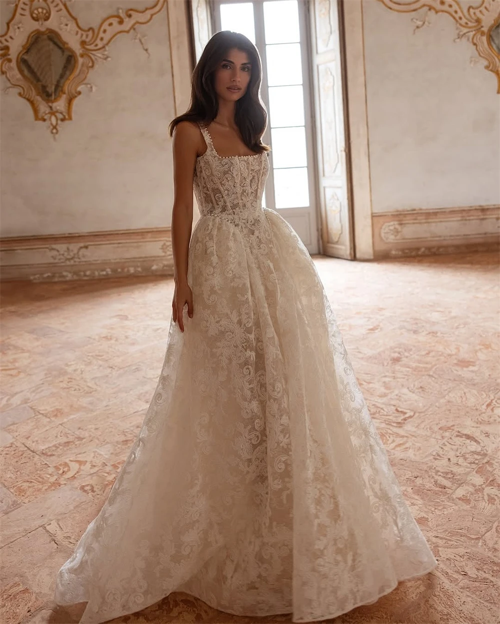 Customized Boho White Organza Wedding Dress Sexy Square Collar Sleeveless Bridal Gown Soft A-Line Chapel Train Vestido De Novia