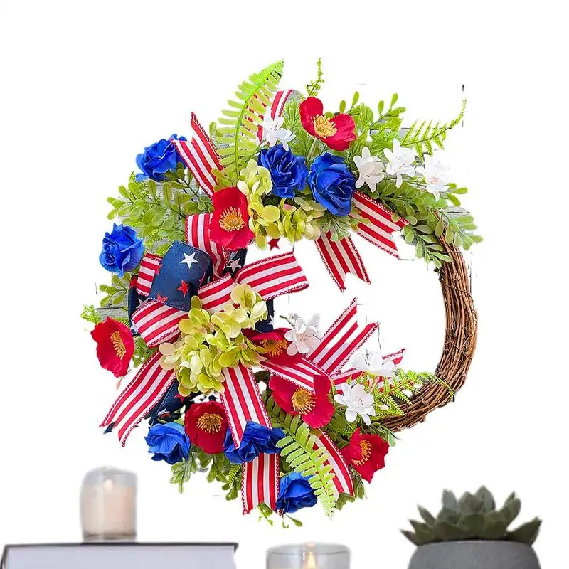 

4th Of July Wreath Independence Day Garland Red White Blue Flag Outdoor Patriotic Wreath For Porch Wall Home Outside Holiday