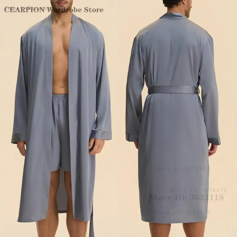 

Men 2 Pieces Sleepwear Robe Shorts Set Satin Kimono Peignoir Homme Long Mens Bathrobe Loungewear Casual Nightwear Home Clothing
