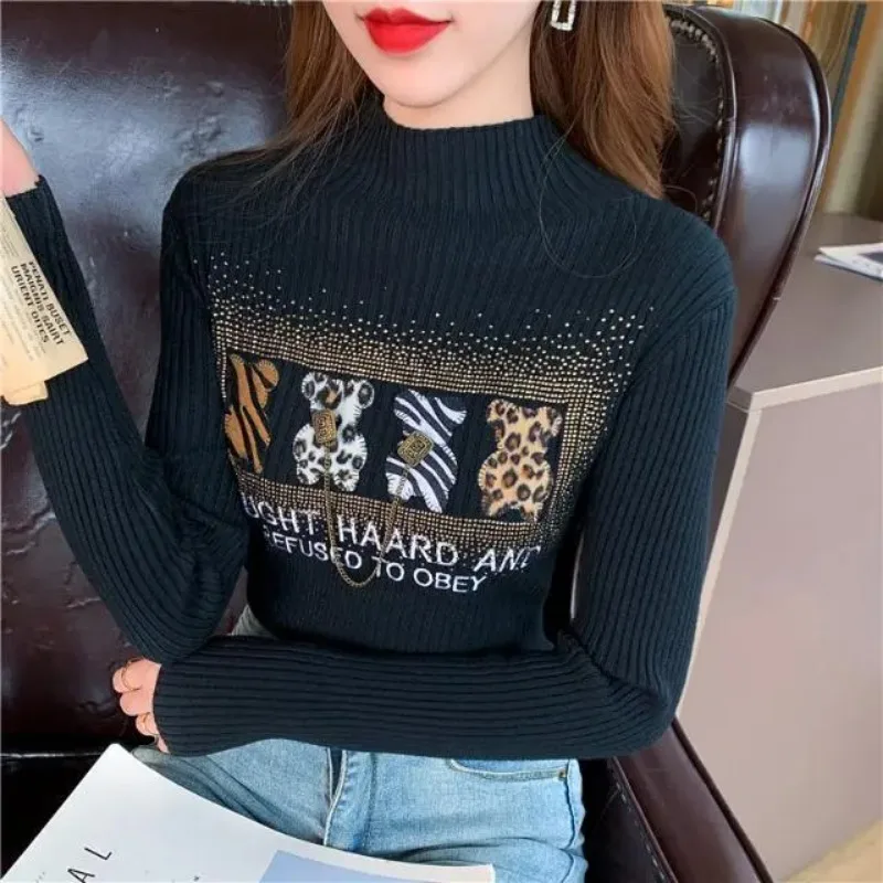 

Autumn Winter New Sweet Women's Mesh Half-collar Long-sleeved Pullover Slim-fit Hot Diamond Sweater Bottoming Spliced