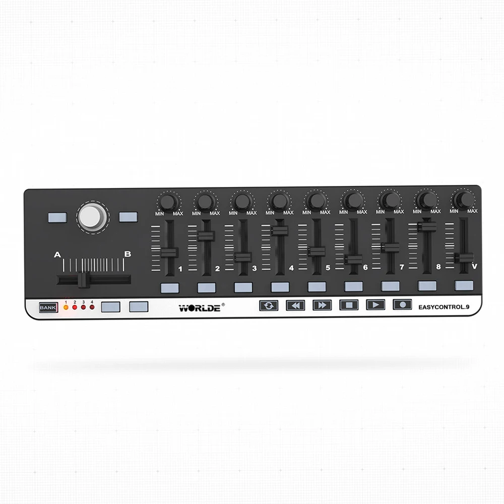 Worlde MIDI Controller EasyControl.9 Portable Mini USB 9 Slim-Line Control with 4 Programmable Memory Banks & 6 Transport Button