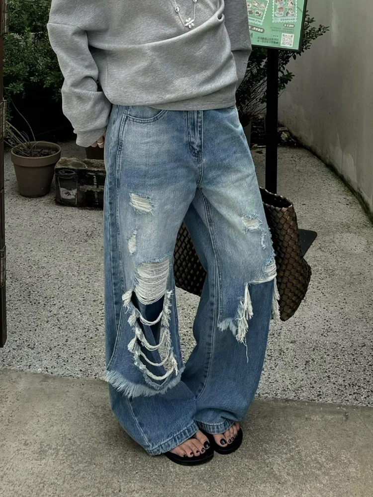 Ripped Double Layer Distressed Denim High Waist Straight Leg Floor Length Pants Women's Summer New Style Spicy Girl Design