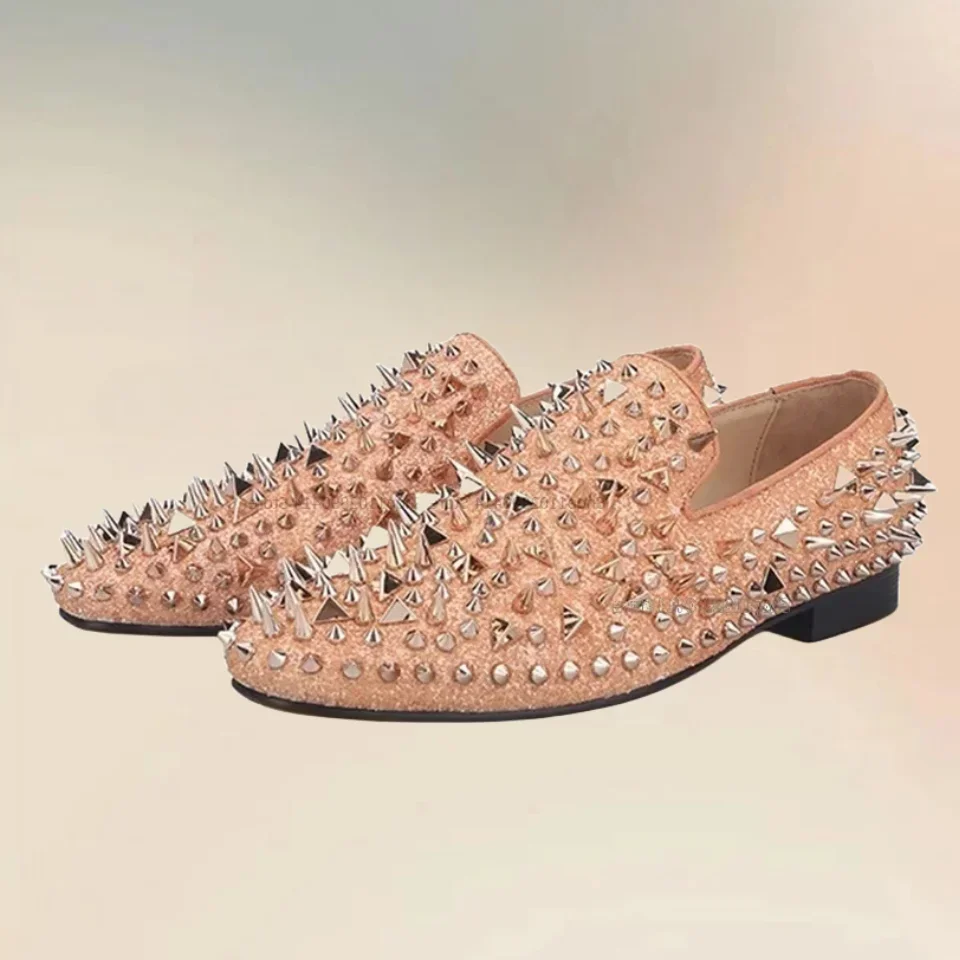

Gold Spikes Decor Giltter Men Loafers Fashion Slip On Men Casual Shoes Luxurious Handmade Party Banquet Wedding Men Dress Shoes