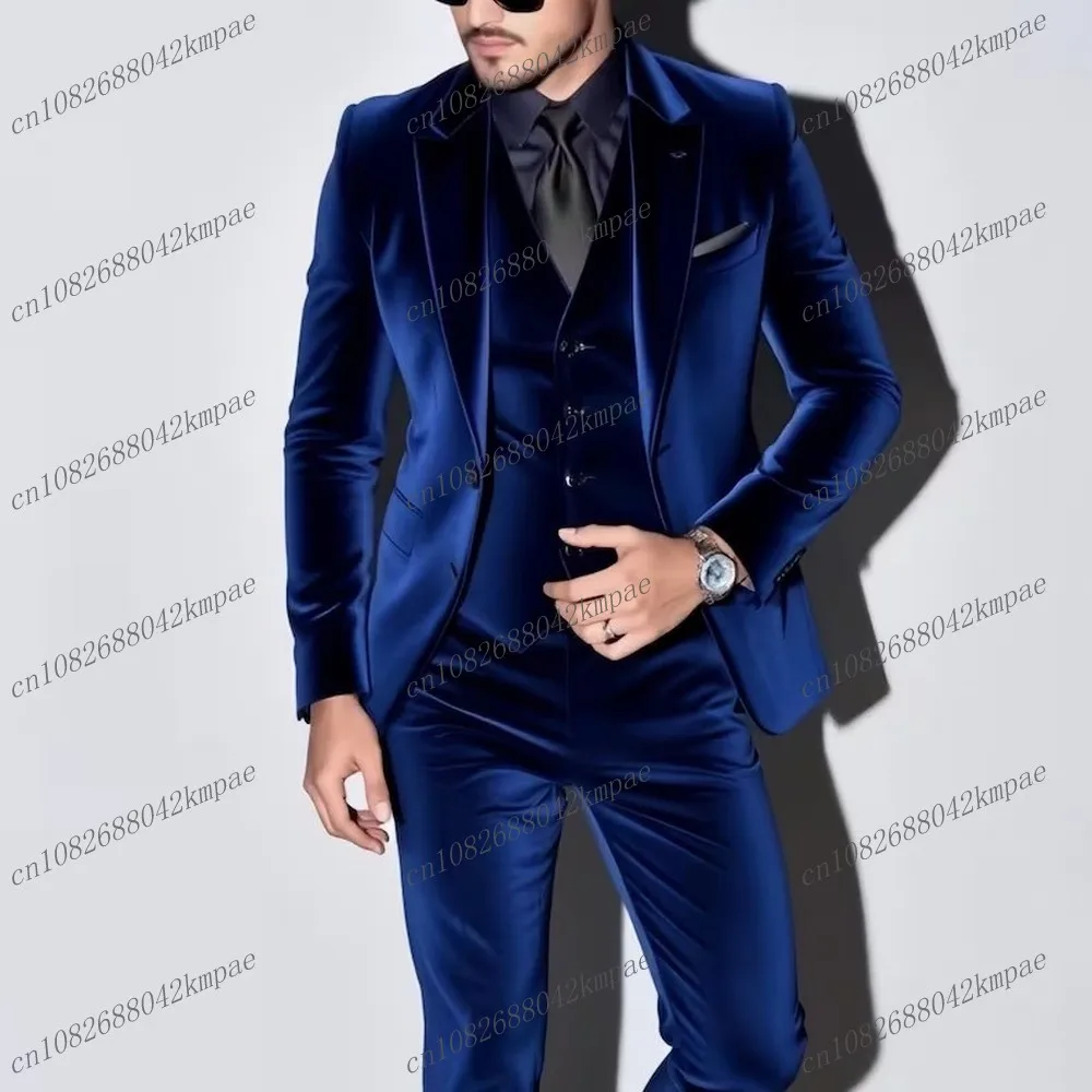 

New Dark Blue Velvet Men Suit Formal Business Groom Groomsman Wedding Party Prom Male Tuxedos 3 Piece Set Blazer Vest Pants