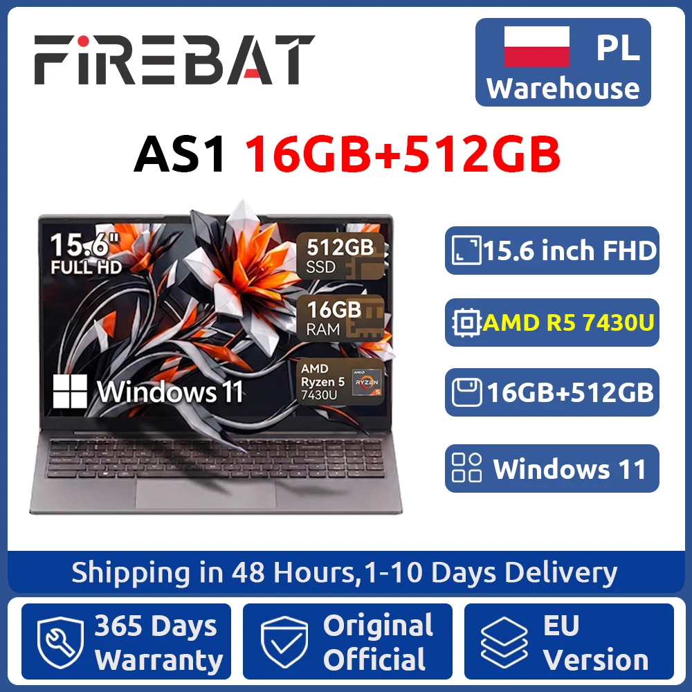 Firebat AS1 AMD R5 7430U 2026 Nieuwe Laptop 6 Cores 15,6 inch 16GB DDR4 RAM 512GB SSD Tot 4,3 GHz Notebook