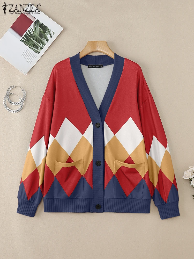 

ZANZEA Spring Fall Streetwear Shirts Contrast-Argyle Vintage Long Sleeve Women's Cardigans Elegant Button Up V-Neck Knitted Tops