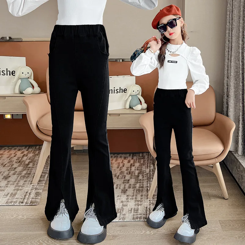 

Jeans For Teenage Girls Spring Solid Color Sweatpants For Casual Style Children Bell Bottoms, Slit Pants Kids Clothes 5-14Years