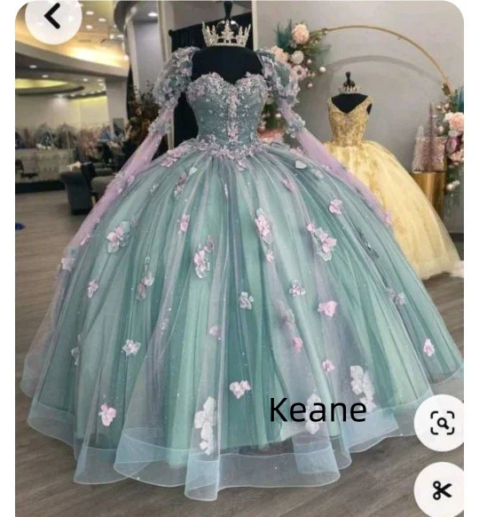 Mint Green Full Sleeves Ball Gown Quinceanera Dresses Appliques Lace princess Sweet 16 Dresses Graduation Gown