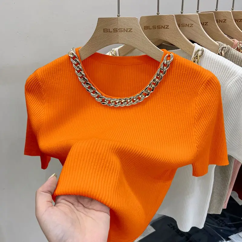 Neploe High End Short Sleeve Knitted T-Shirt 2024 Summer French Office Lady Style Westernized Tops Femme Chic Chain Neck Tees