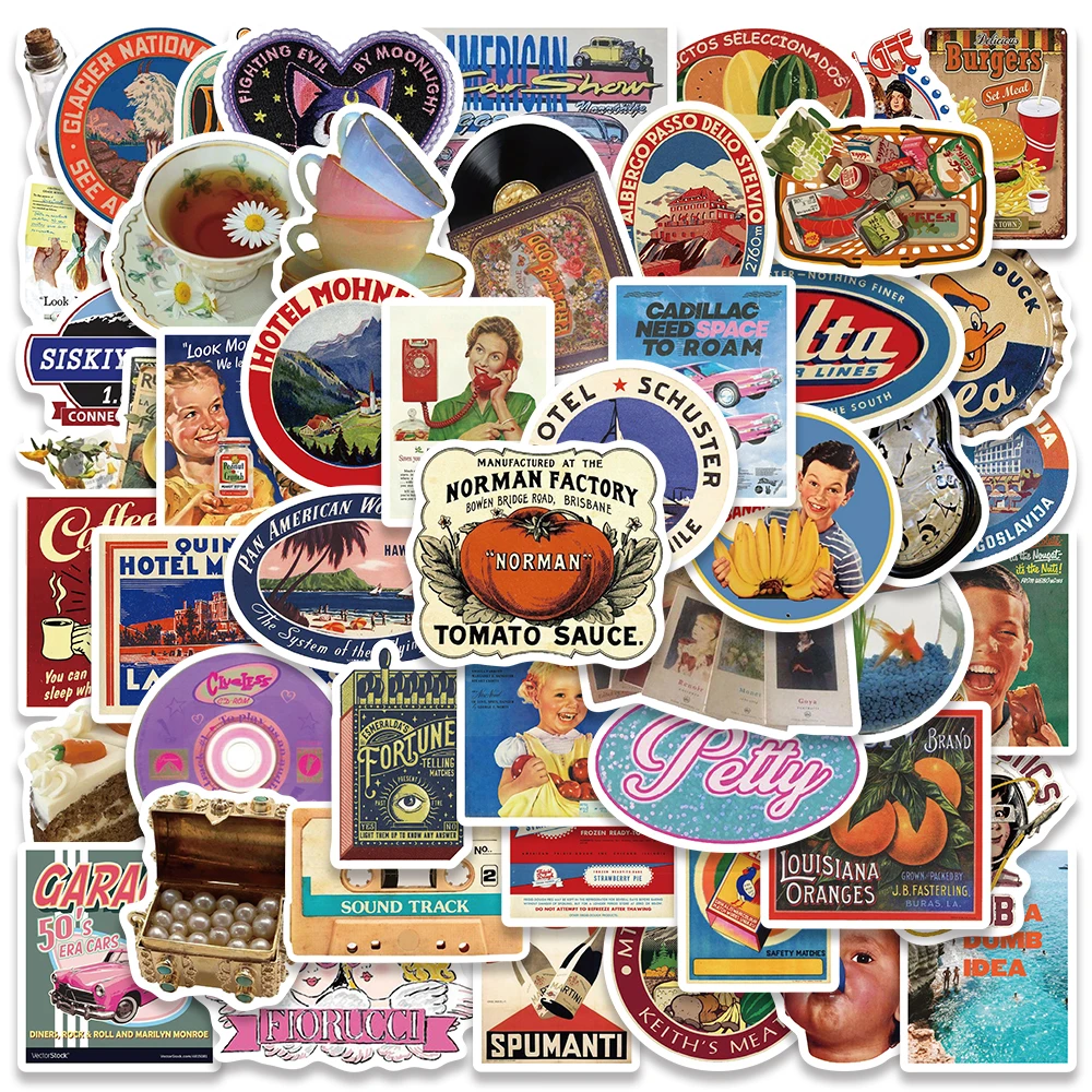 

50pcs Ins Retro Cartoon American Style Graffiti Stickers For Laptop Phone Guitar Luggage Diary Waterproof Vinyl Decals