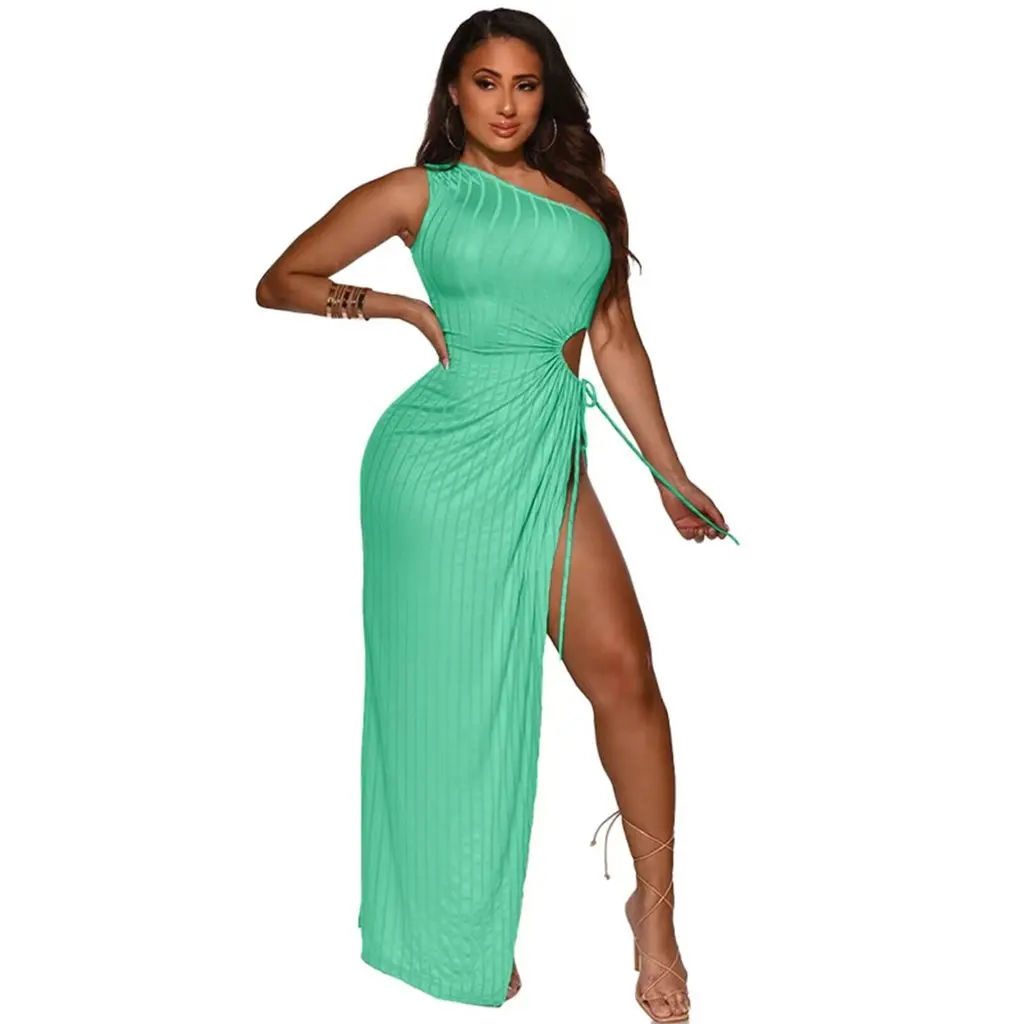 K9881 Hochelastisches One-Shoulder-Sexy-Split-Kleid, einfarbiger Nachtclub-Rock für Frauen in Europa und USA