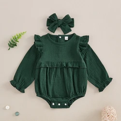 Newborn Infant Baby Girl Clothes Long Sleeve Smocked Bubble Romper Bodysuit with Headband Cute Fall Winter Outfit