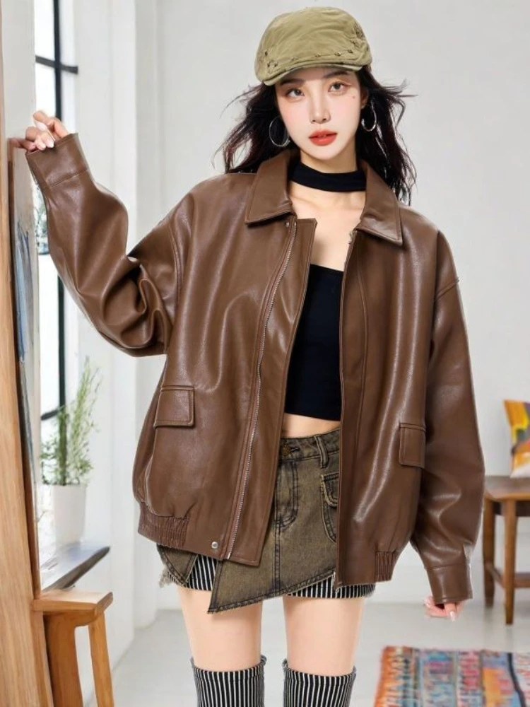 브라운 캐주얼 루즈 가죽 자켓 여성 포켓 세련된 패션 가죽 자켓 여성 2025 가을 streetwear 하이 스트리트 한국 코트
