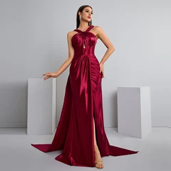 Elegant Halter Pleated Evening Dress High Slit Satin Gown shawl Satin Party Dress