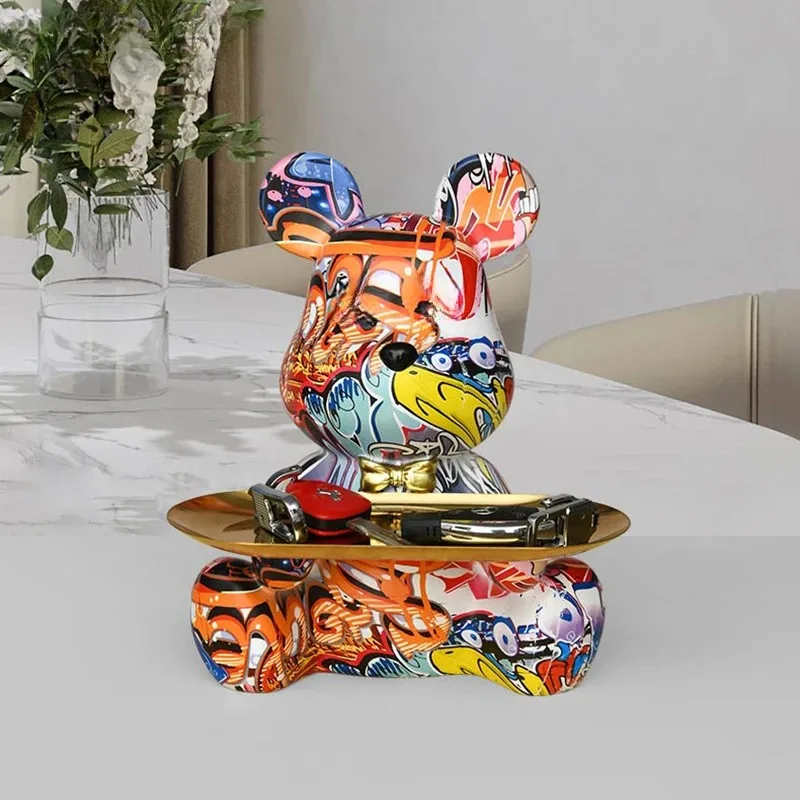 

Модный красочный медведь в стиле граффити, абстрактная статуя для хранения из смолы, милый органайзер для животных с каракулями, настольный держатель для украшений для домашнего офиса