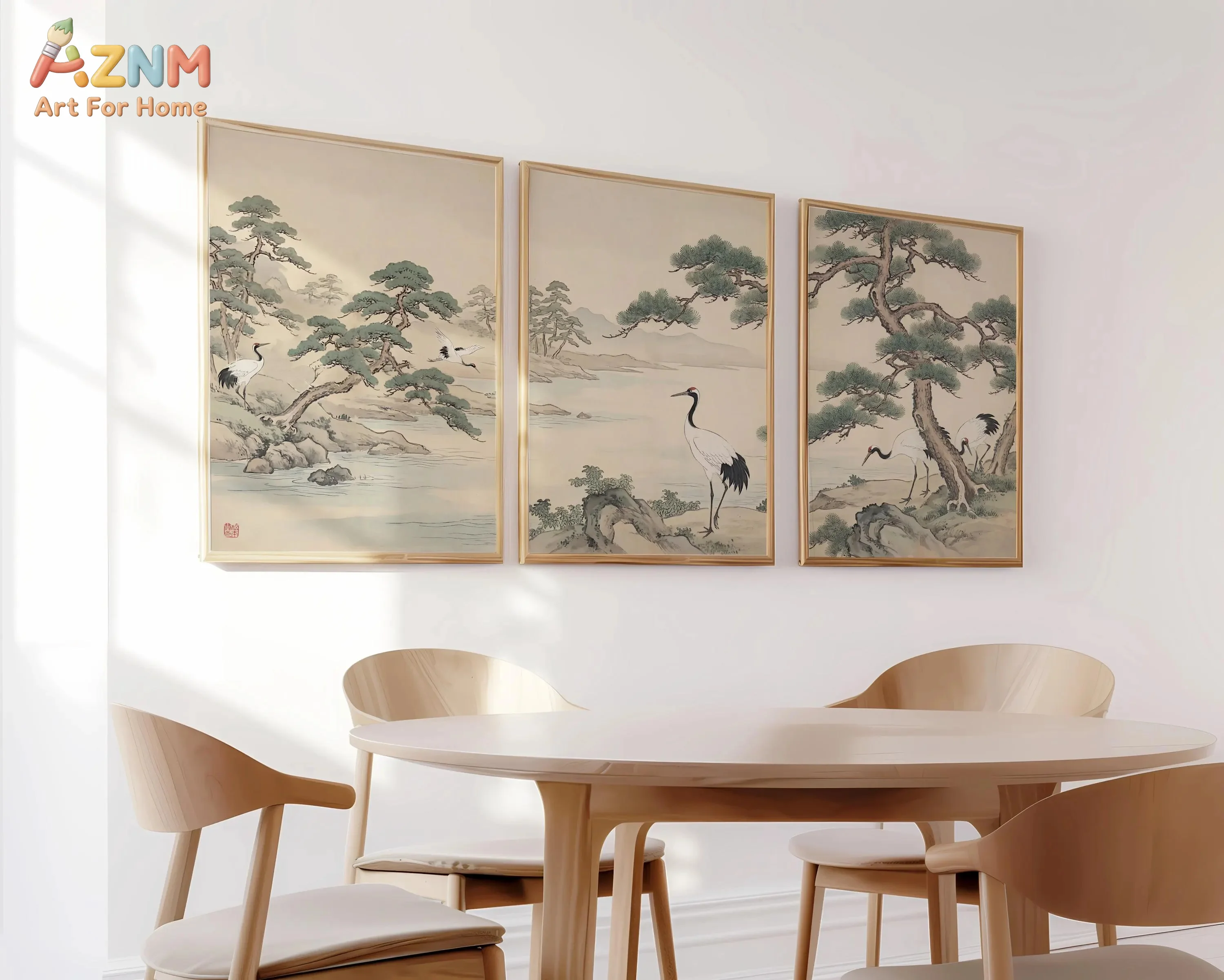 AZNM Frameless Canvas Traditional Chinese Pine Red‑Crowned Crane Landscape Wall Art Print Oriental Style Living Room Home Decor