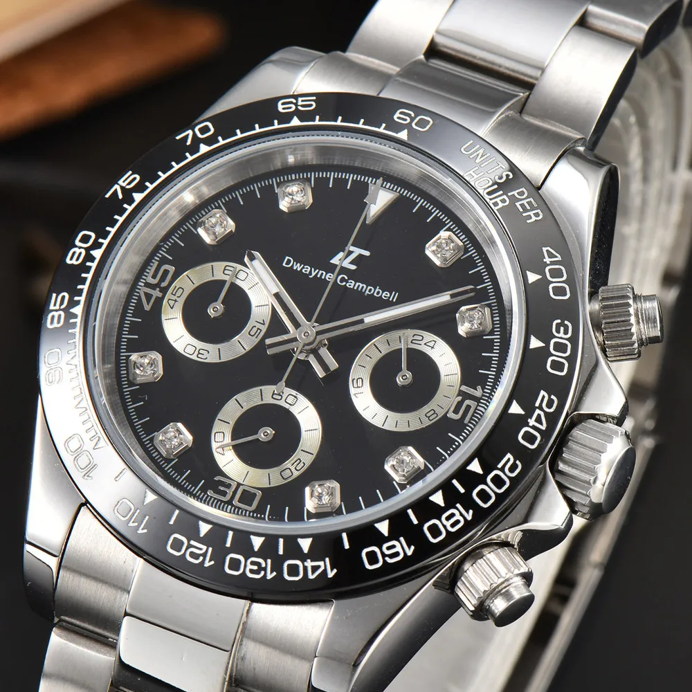 

40MM Diameter Luminous Silver Fashion Diamond Dial Sapphire Glass VK63 Movement Waterproof Gold Men's Mechanical Watch