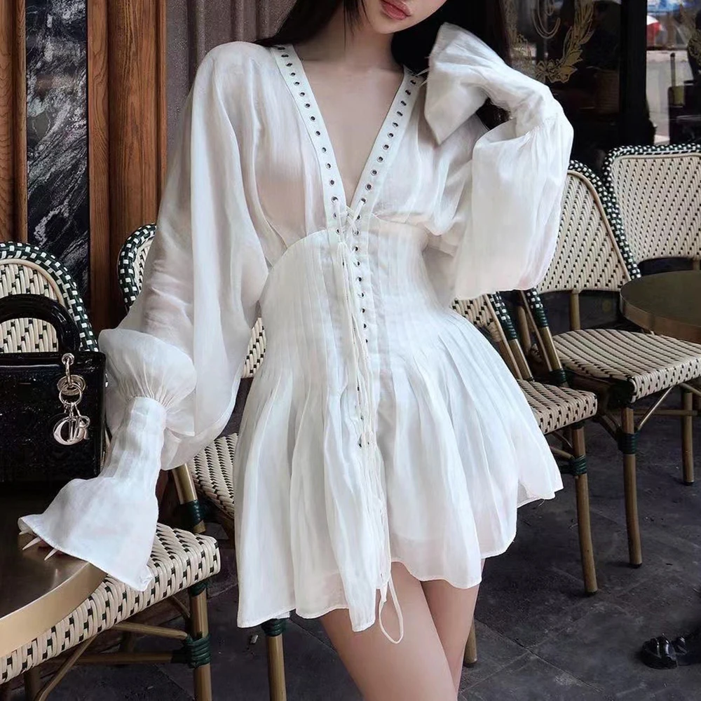 TWOTWINSTYLE Loose Elegant Mini Dress For Women V Neck Lantern Sleeve Minimalist Patchwork Lace Up Solid Dresses Female Fashion