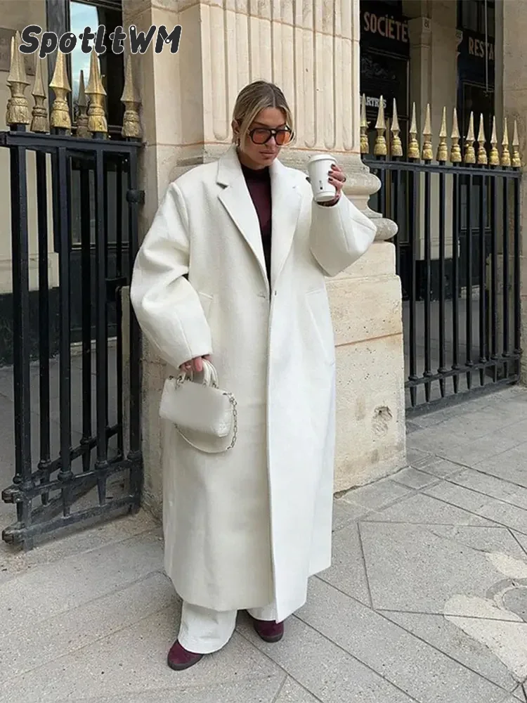 Herfst Nieuwe Witte Revers Lange Mouw Wollen Jas Vrouwen Mode Één Knoop Oversized Lange Overjas 2024 Casual Dame Hoge Streetwear