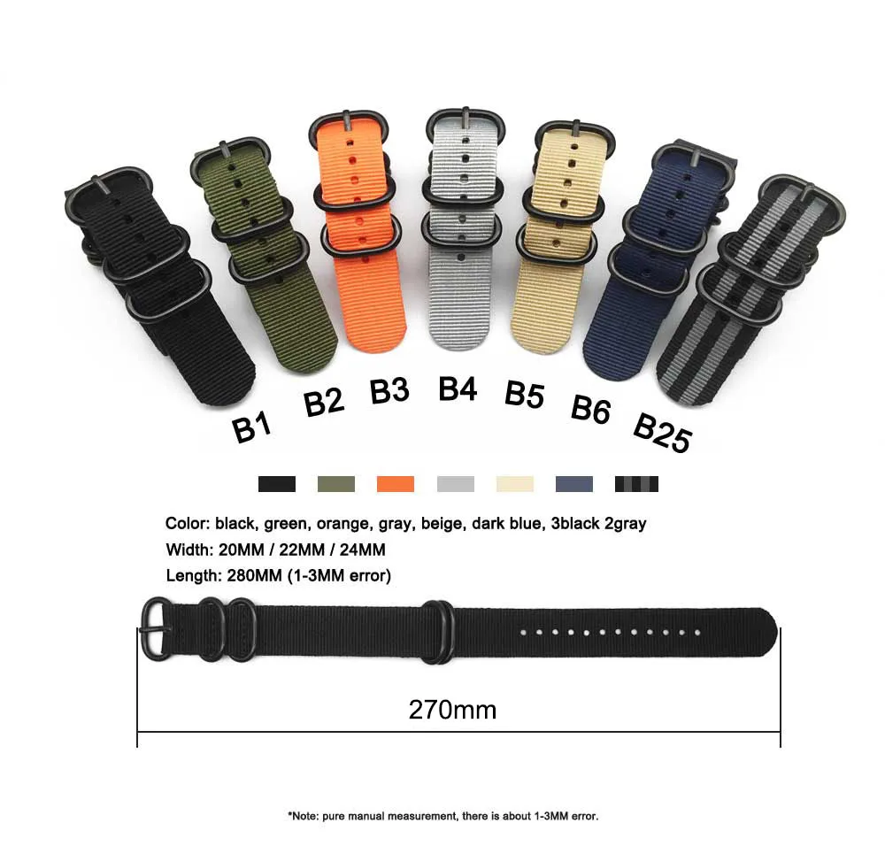 Heavy Dut Nylon Watchband Strap 18mm 20mm 22mm 24mm Watch Band Strap Stainless Steel Ring Buckle Canvas Army for SmartWatch