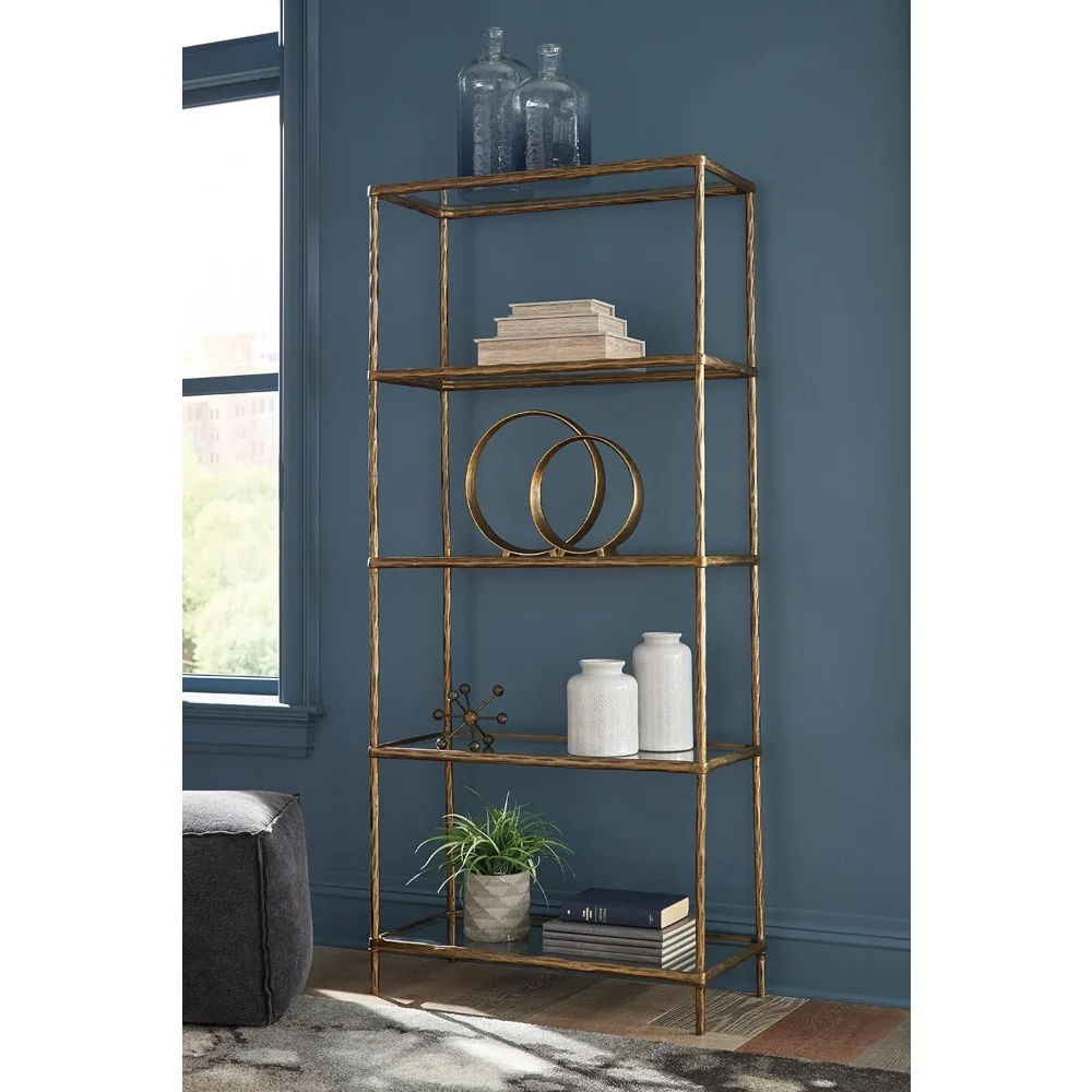 Ryandale Modern 5 Shelf Bookcase, Antique Brass Finish