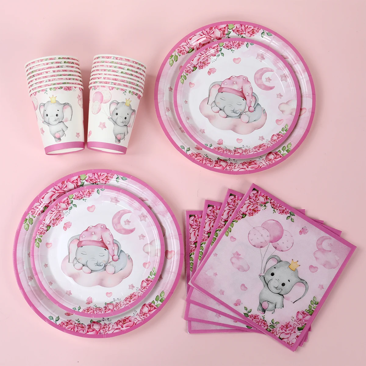 Pink Elephant Theme Party Supplies Paper Plate Cup Napkin Set for Gender Reveal Birthday Party Decoration Baby Shower Supplies