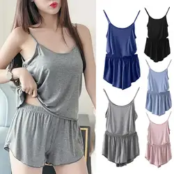 2 Pcs/Set Lounge Women Summer Pajamas Solid Color Sleeveless Camisole Shorts Lady Pajamas for Women Sleepwear Set