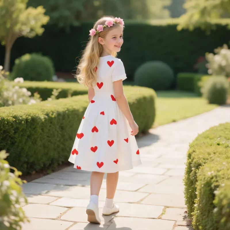 حار بيع! فستان كاجوال بأكمام قصيرة مطبوع عليه قلب أحمر لطيف لعام 2025 للفتيات، ملابس يومية وحفلات جميلة للأطفال