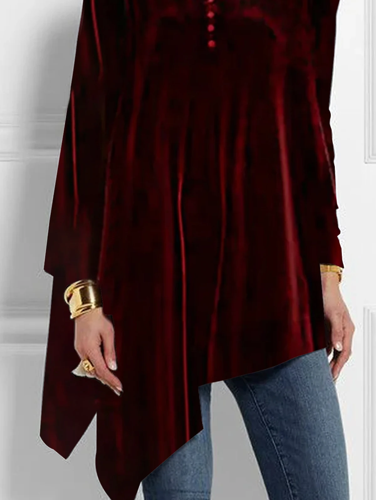 Women\'s Plus Size Irregular Hem Blouse Autumn Fashion Retro Velvet Long Sleeve T-Shirt Turtleneck Casual Loose Asymmetrical Top