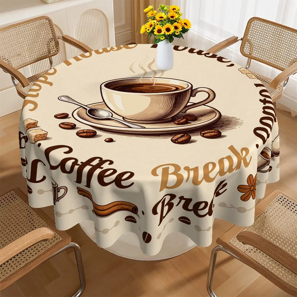 Coffee-themed round tablecloth, suitable for birthdays, picnics, parties - beige tablecloth with coffee cup patternxzj