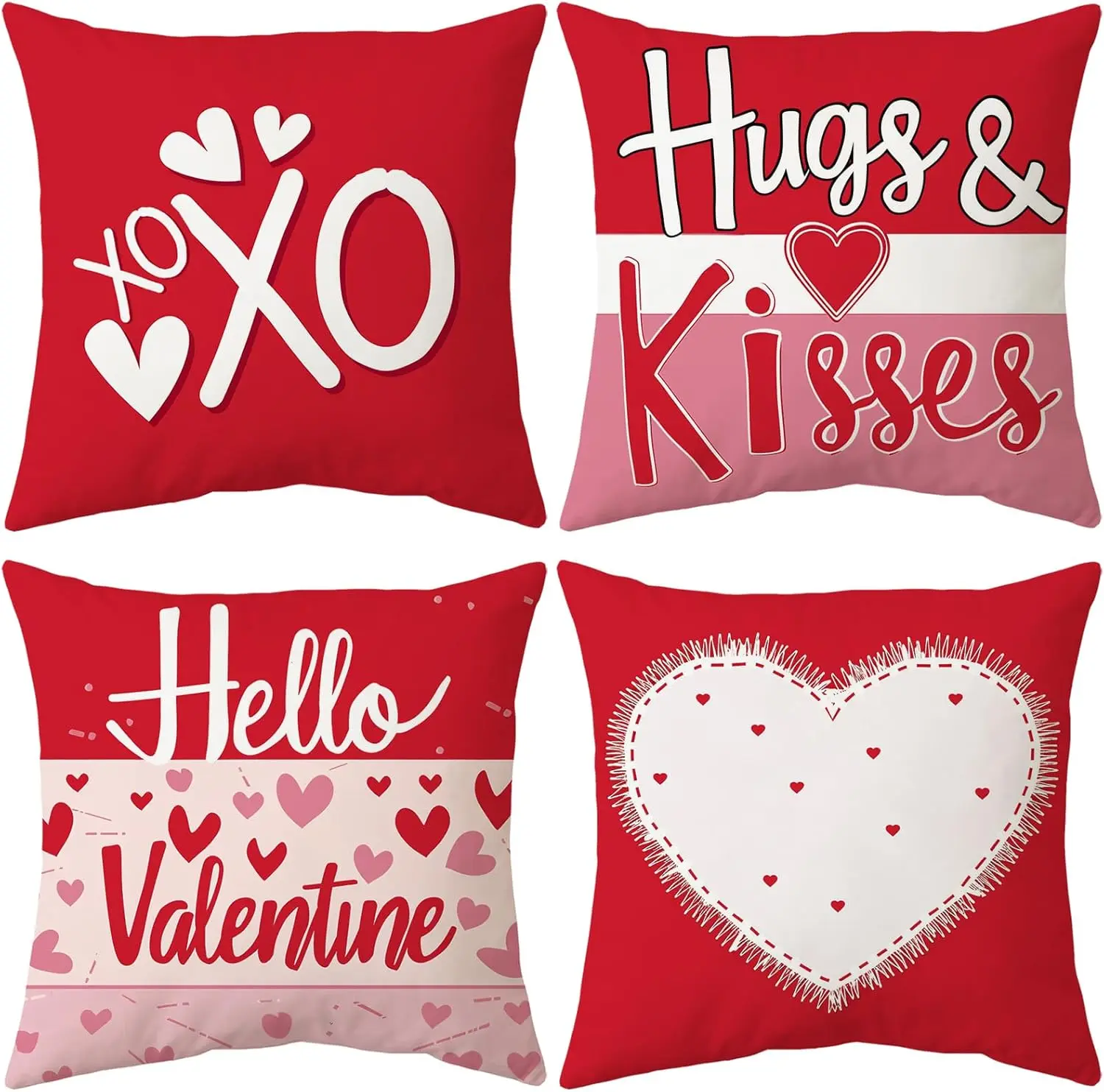 4PC Hello Valentine's Day Pillowcase, Red Heart Stripe Pillowcase Farmhouse Wedding Cushion Cover Home Decor 50x50