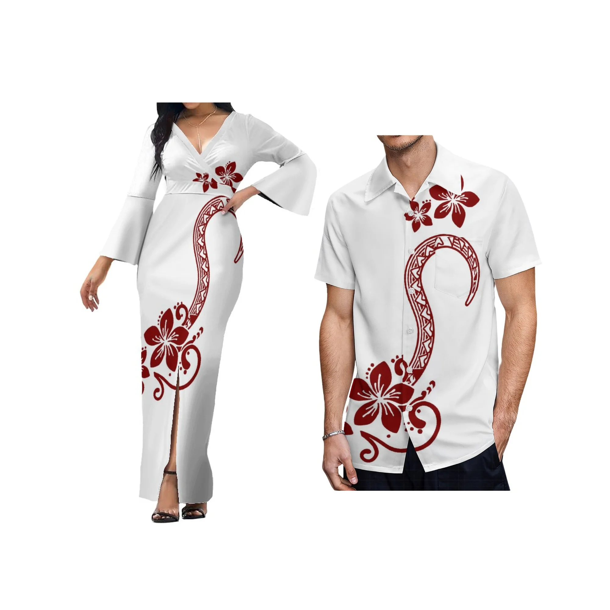 Drop Shipping mother day Polynesian White Dress Matching Short Sleeve Men\'s Shirt Couples Matching Outfits Long Island Dress