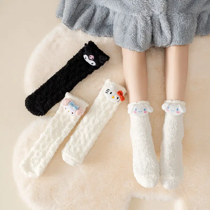 Kawaii Hello Kitty Coral Fleece Socks Anime Kuromi My Melody Lovely Girl Student Add Velvet Keep Warm Floor Mid Length Socks