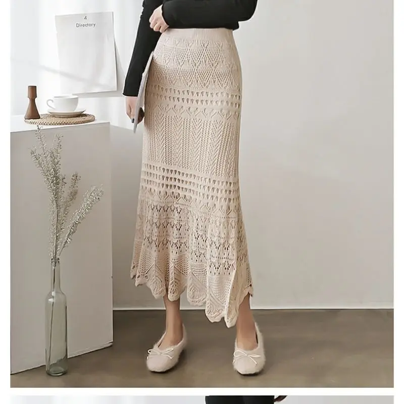 Fashion Classic Summer Women's Hollowed Out Skirt Lace Knit Mid Length High Waisted Office All-match Fishtail Wrap Hip Skirt