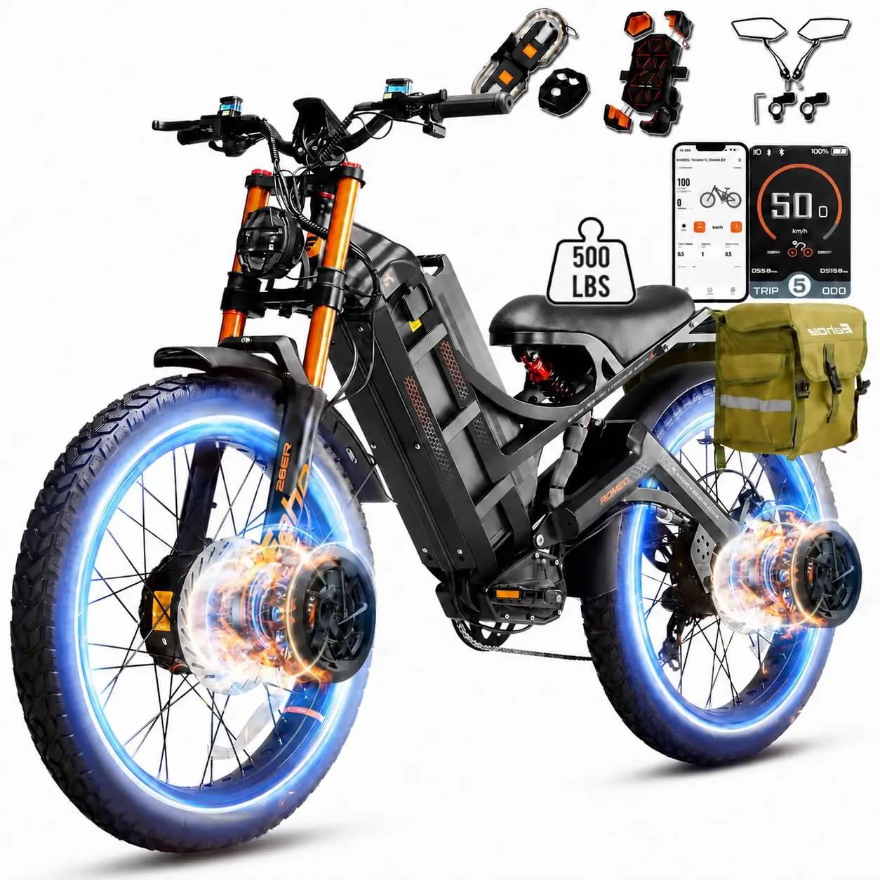 6000W Dual Motor Electric Mountain Bike 52MPH 300Miles Range 60V 80AH Fat Tire Full Suspension Off-Road 26