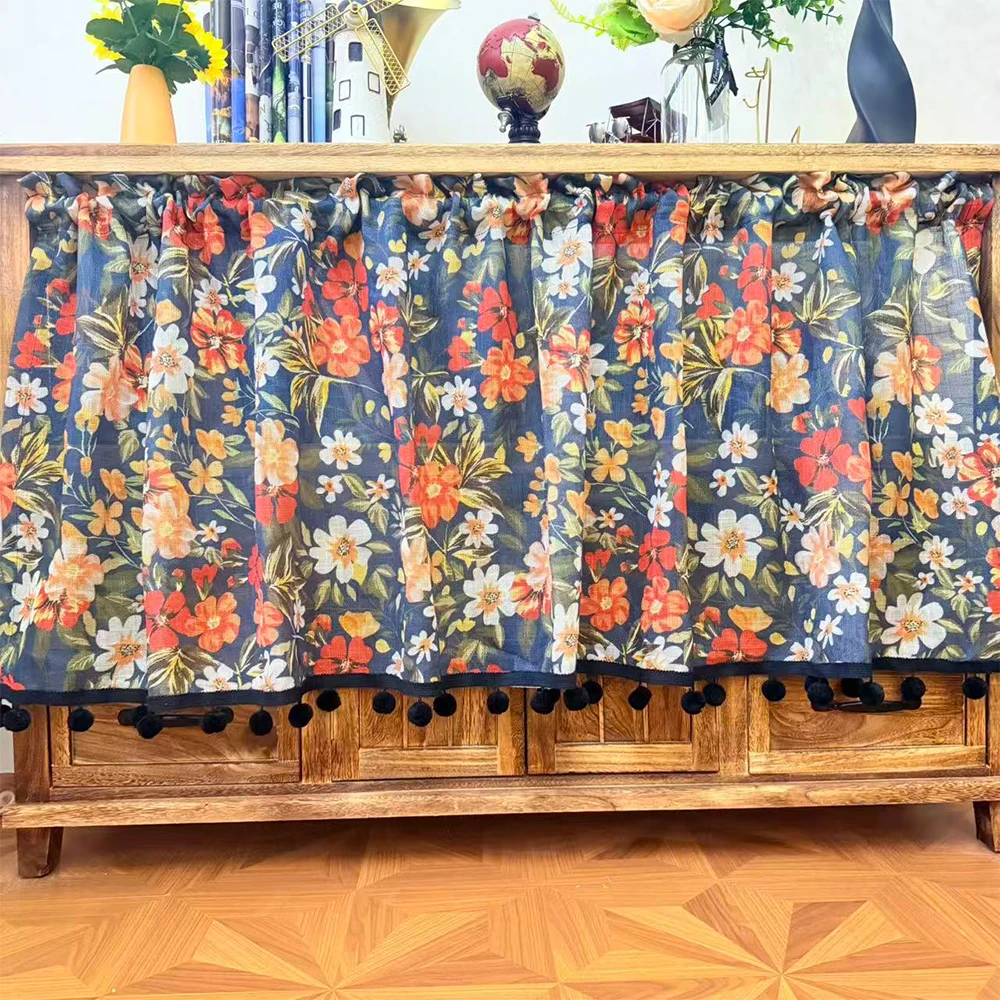 cortina-de-linho-floral-estilo-americano-semi-transparente-com-franjas-de-pompons-pretos-para-decoracao-de-casa