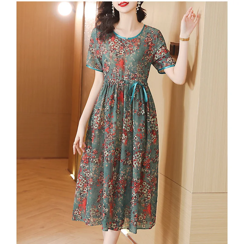 2023 New Summer Fashion Trend Temperament Round Neck Print Waist Tie Up Slim Commuting Simple Leisure Vacation Women's Dress